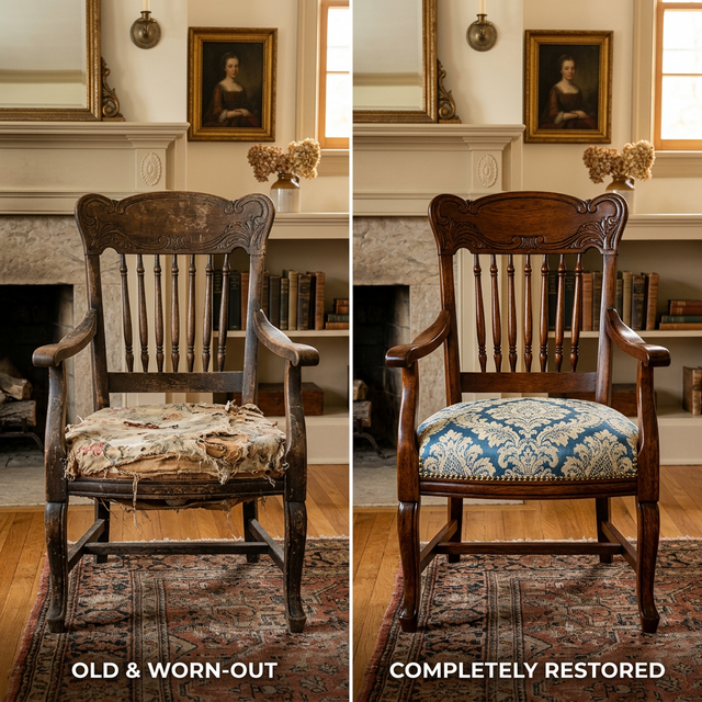 Side-by-side comparison of old worn out chair and beautifully restored chair